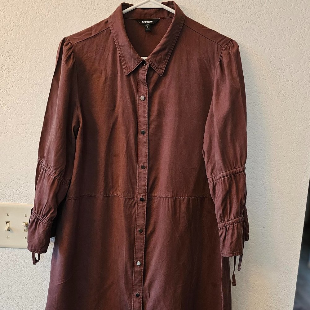 EXPRESS Women's Shirt Dress Size L Petite - Wine/Taupe - 3/4 Sleeves - Buttons